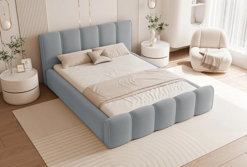 Gepolstertes Bett 160x200 cm Moenne mit Stauraum, Metallrahmen, grauer hydrophober Samt