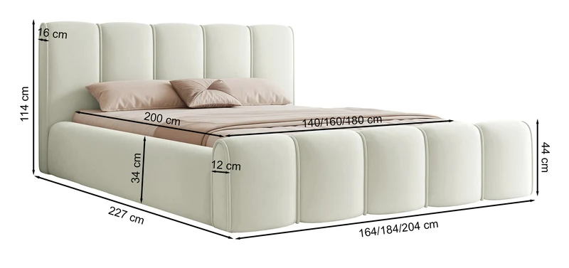 Polsterbett 160x200 cm Moenne mit Stauraum, Metallrahmen, hellgrauer hydrophober Samt