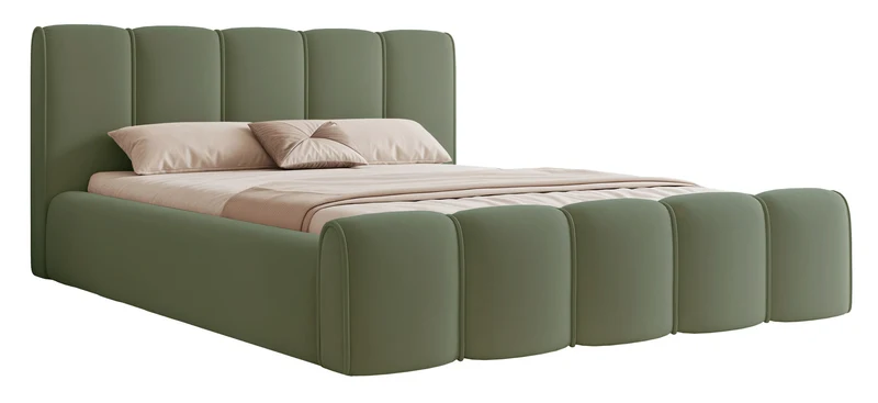 Polsterbett 160x200 cm Moenne mit Stauraum, Metallrahmen, salbeigrüner Velours, wasserabweisend