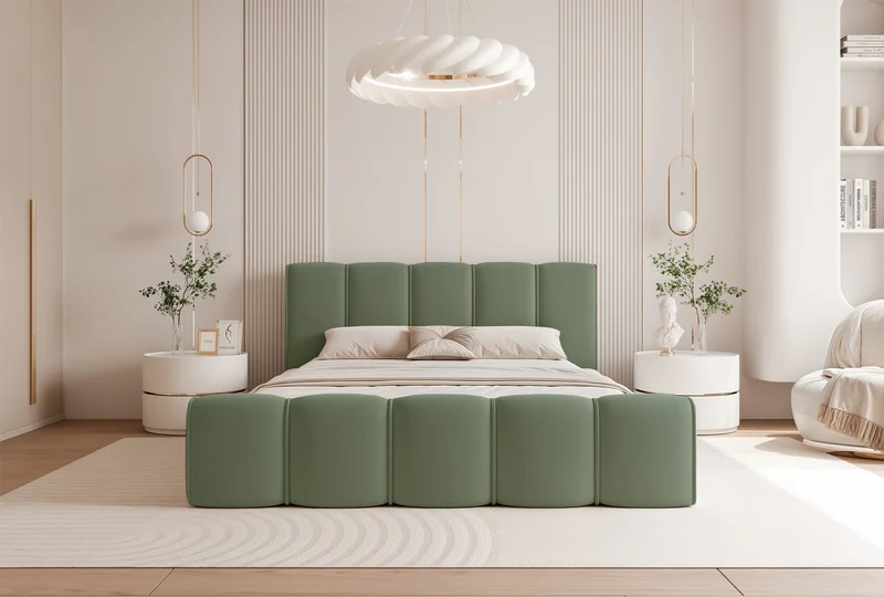 Polsterbett 160x200 cm Moenne mit Stauraum, Metallrahmen, salbeigrüner Velours, wasserabweisend