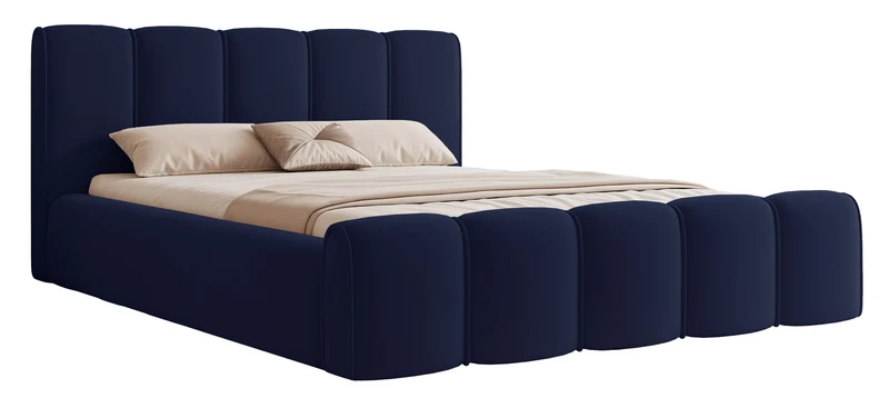 Polsterbett 140x200 cm Moenne mit Stauraum, Metallrahmen, marineblauer Veloursstoff, wasserabweisend
