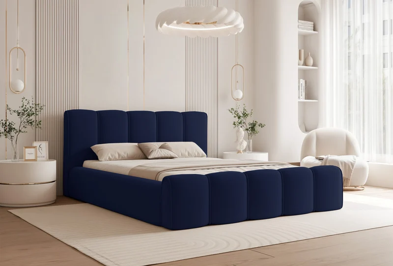 Polsterbett 140x200 cm Moenne mit Stauraum, Metallrahmen, marineblauer Veloursstoff, wasserabweisend
