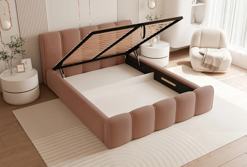Polsterbett 140x200 cm Moenne mit Stauraum, Metallrahmen, lachsfarbener, wasserabweisender Samt