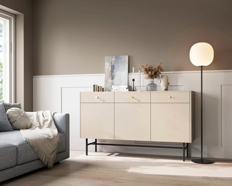 Drehtür-Kommode Divenos mit Schubladen 155 cm Grau-Beige