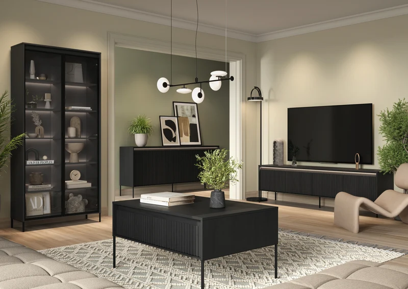 Niedriger vier­türiger Trend-Kommode 193 cm mit LED Schwarz