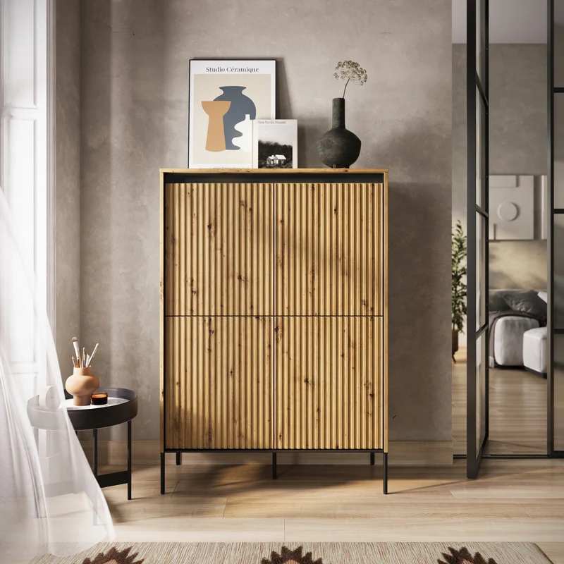 Vier­türige hohe Kommode Trend 98 cm mit LED Artisan-Eiche