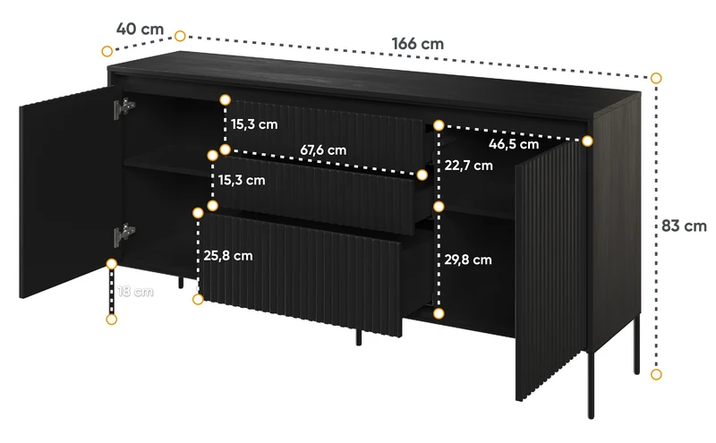 Trend 166 cm zweitürige Kommode mit drei LED-Schubladen Schwarz