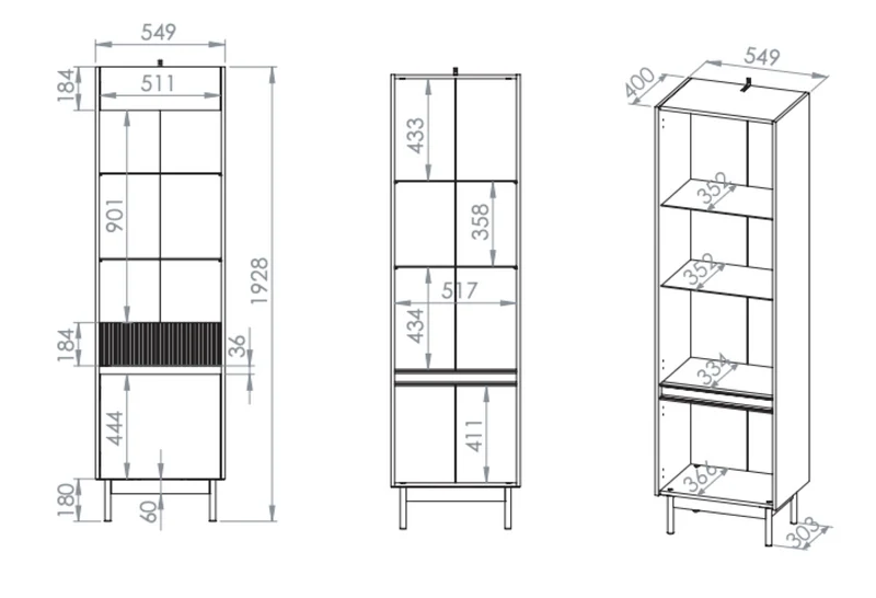 Zweiflügelige Vitrine Dunea mit Glas und Beleuchtung, 55 cm, Kaschmir/Eiche