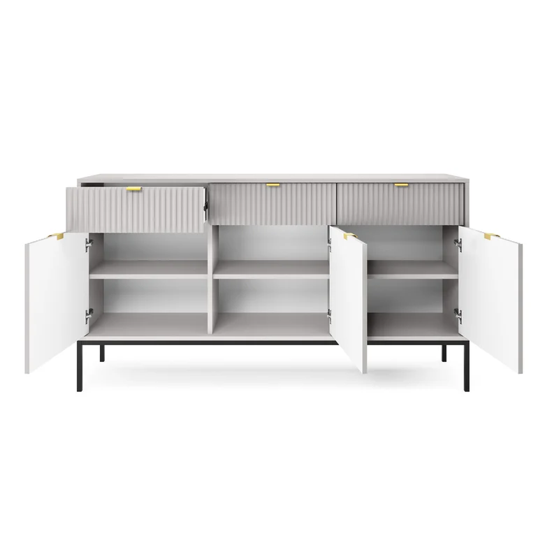 Drehtür-Kommode Vellore 154 cm grau mit gerillten Fronten und goldenen Griffen