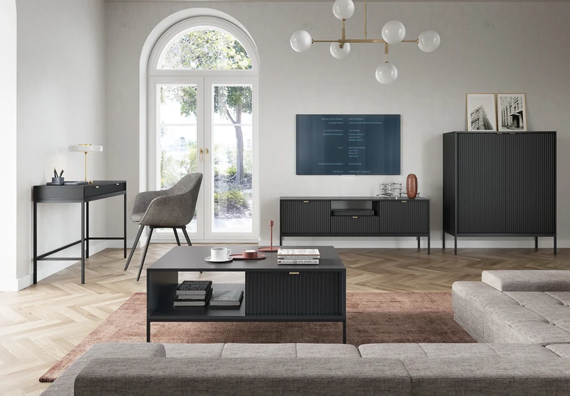 Couchtisch Vellore 104x68 cm schwarz mit geriffelter Front und goldenem Griff