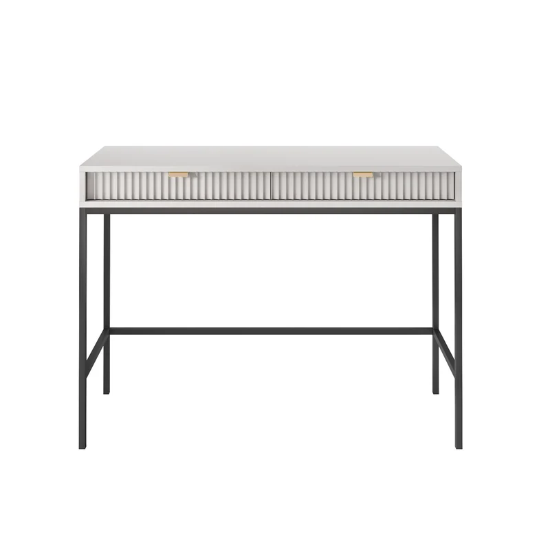 Schminktisch Vellore 104 cm grau mit geriffelten Fronten und goldenen Griffen