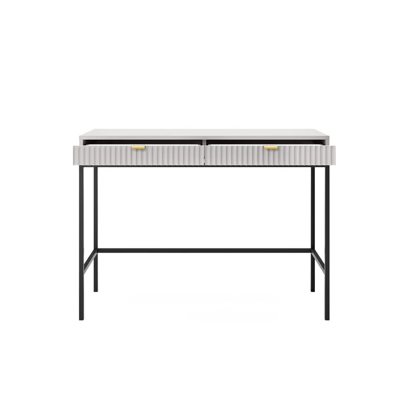 Schminktisch Vellore 104 cm grau mit geriffelten Fronten und goldenen Griffen
