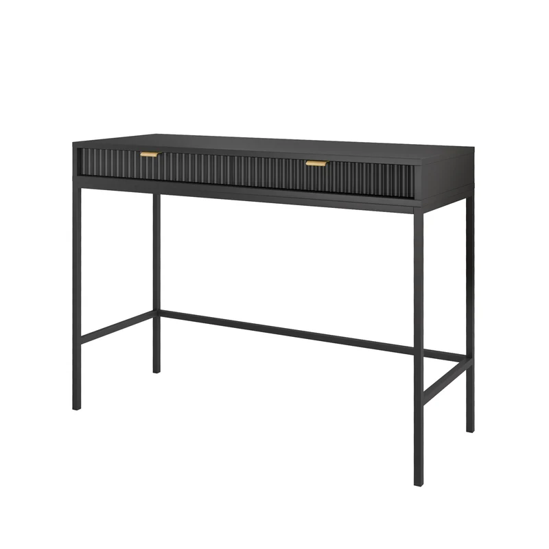Schminktisch-Schreibtisch Vellore 104 cm schwarz mit geriffelten Fronten und goldenen Griffen