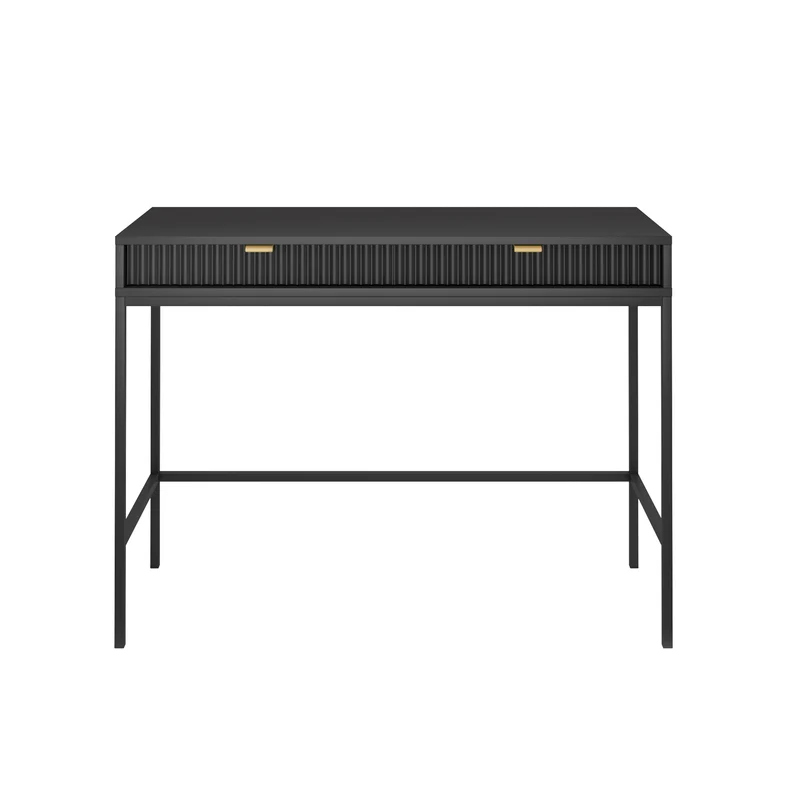 Schminktisch-Schreibtisch Vellore 104 cm schwarz mit geriffelten Fronten und goldenen Griffen