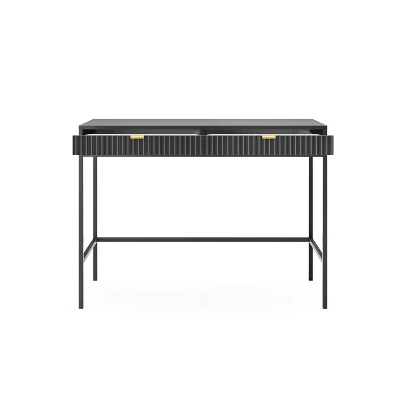 Schminktisch-Schreibtisch Vellore 104 cm schwarz mit geriffelten Fronten und goldenen Griffen