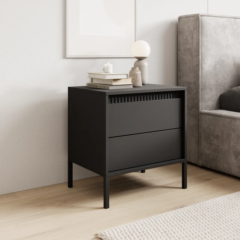 Nachttisch Falsetto mit gerillten Fronten und einer Schublade, 68 cm, schwarz
