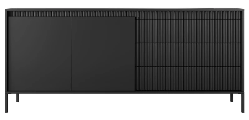 Zweiturige Kommode Falsetto mit geriffelten Fronten und drei Schubladen, 187 cm, schwarz