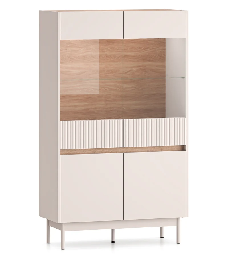 Vitrine mit vier Türen Dunea, verglast mit Beleuchtung, 92 cm, Kaschmir/Eiche