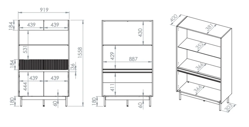 Vitrine mit vier Türen Dunea, verglast mit Beleuchtung, 92 cm, Kaschmir/Eiche