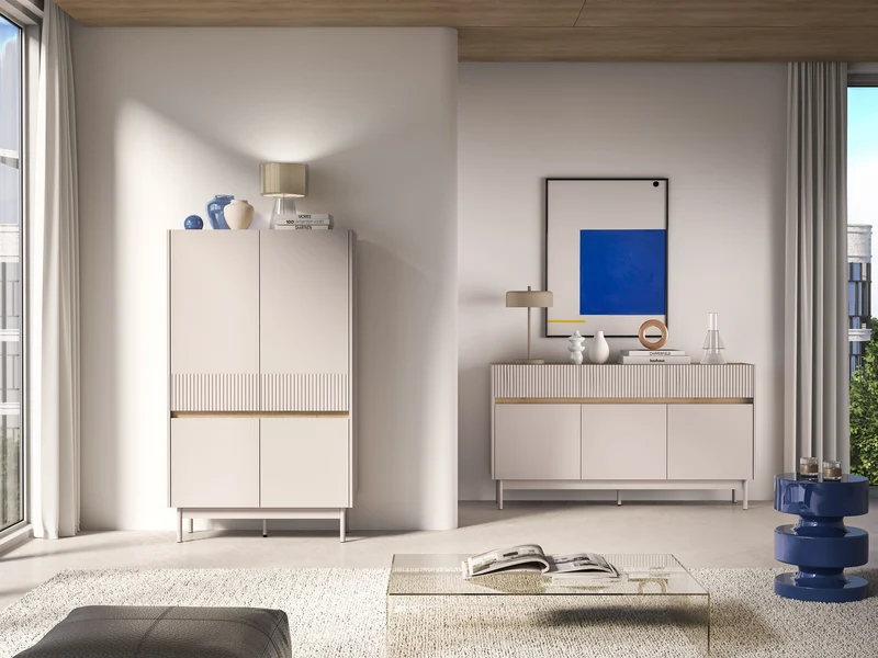 Hohe Kommode mit vier Türen Dunea 92 cm Kaschmir/Eiche