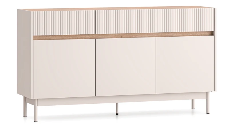 Drehtür-Kommode Dunea mit drei Schubladen, 154 cm, Kaschmir/Eiche