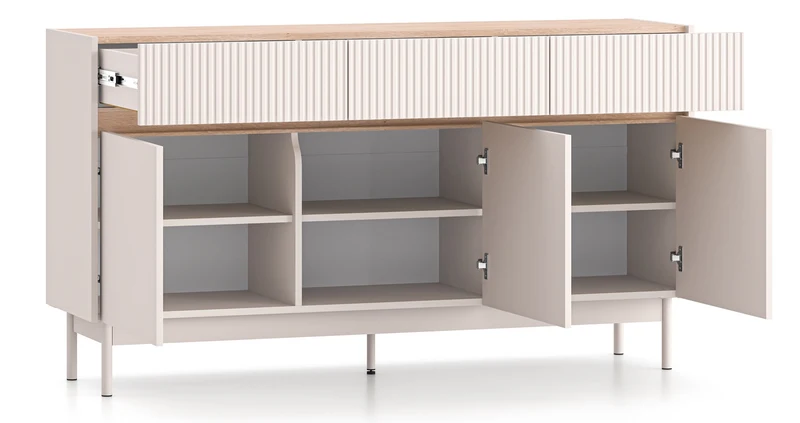 Drehtür-Kommode Dunea mit drei Schubladen, 154 cm, Kaschmir/Eiche