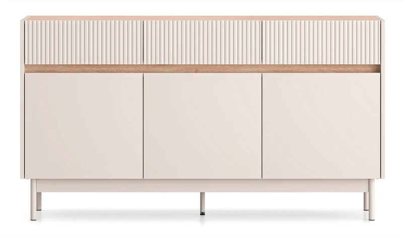 Drehtür-Kommode Dunea mit drei Schubladen, 154 cm, Kaschmir/Eiche