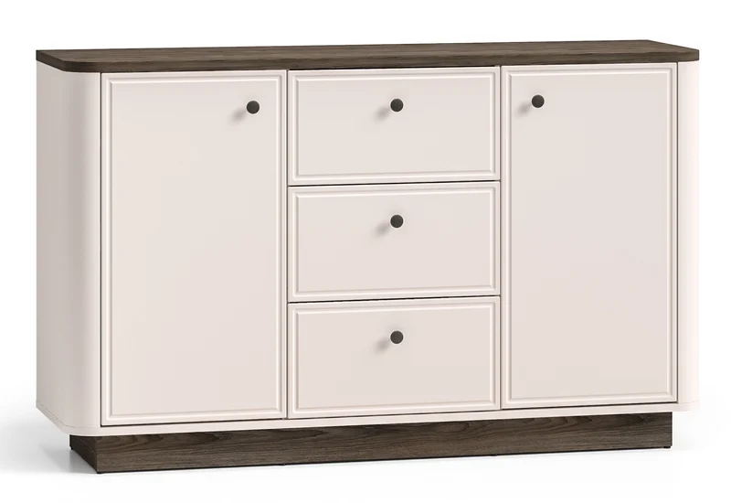 Kommode Vilavio mit zwei Türen und drei Schubladen, 138 cm, Kaschmir/Windmühlen-Eiche Dunkel