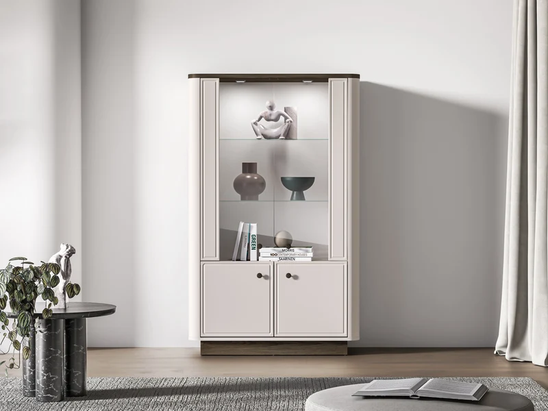 Niedriger Vitrinenschrank Vilavio mit vier Türen und Beleuchtung, 92 cm, Kaschmir/Eiche Windmill Dark
