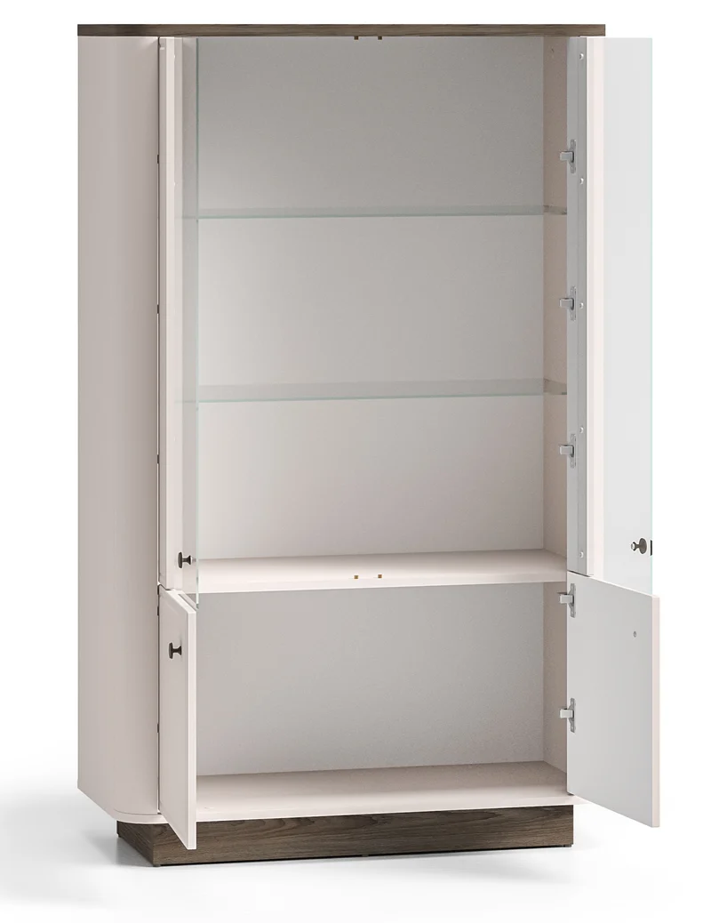 Niedriger Vitrinenschrank Vilavio mit vier Türen und Beleuchtung, 92 cm, Kaschmir/Eiche Windmill Dark