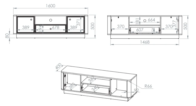 Zweiturige TV-Kommode Vilavio mit Schublade und Nische, 160 cm, Kaschmir/Dunkle Windmühle Eiche