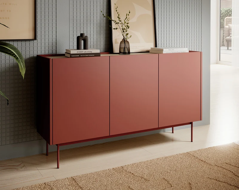Drehtür-Kommode Color 144 cm Ziegelrot / Eiche Linea