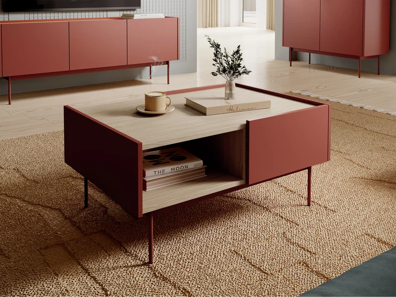 Couchtisch Color 97x65 cm mit Schubladen Ziegelrot / Eiche Linea