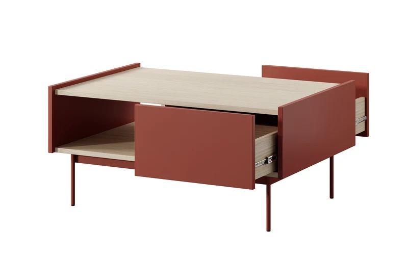 Couchtisch Color 97x65 cm mit Schubladen Ziegelrot / Eiche Linea