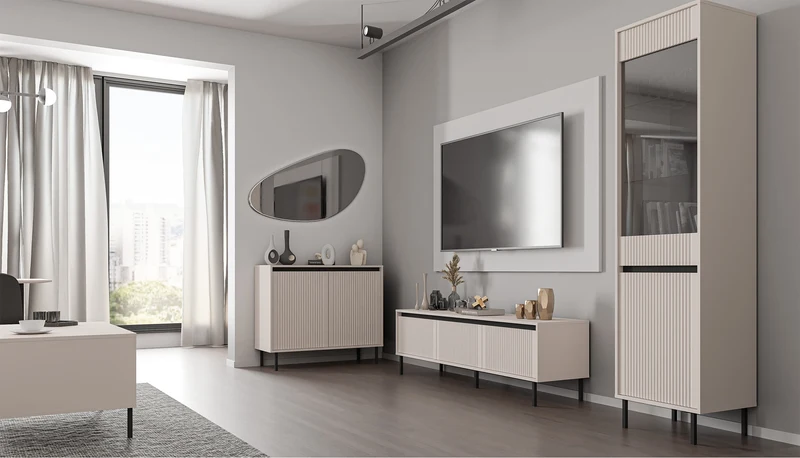 Zweiturige Kommode Osaka mit gerillten Fronten, 100 cm, sandbeige auf schwarzen Beinen
