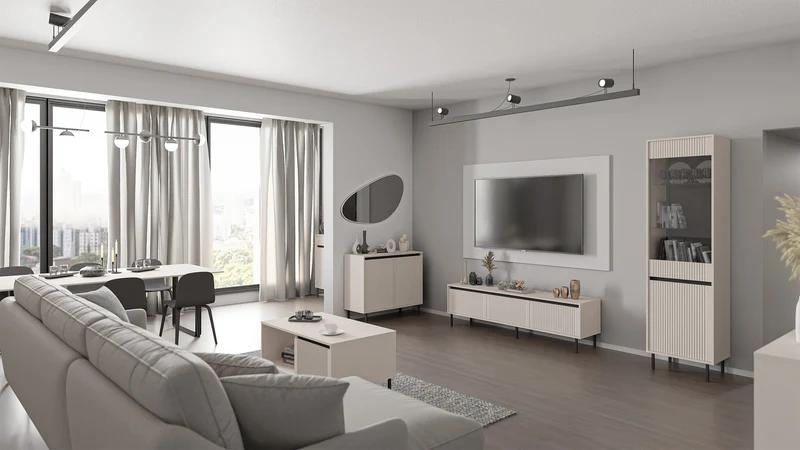 Zweiturige Kommode Osaka mit gerillten Fronten, 100 cm, sandbeige auf schwarzen Beinen