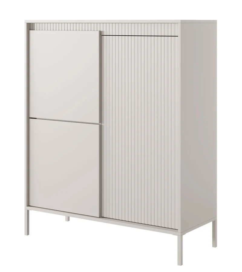 Hohe Kommode Falsetto mit drei Türen und gerillten Fronten, 104 cm, beige