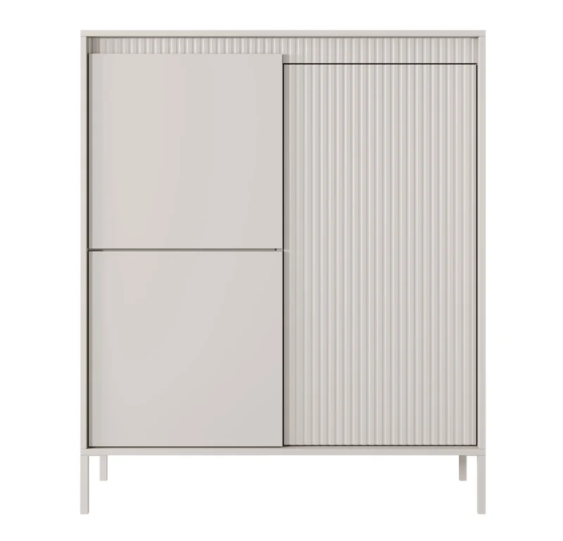 Hohe Kommode Falsetto mit drei Türen und gerillten Fronten, 104 cm, beige