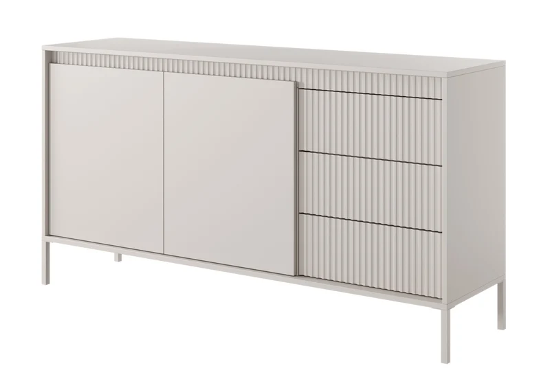 Zweiturige Kommode Falsetto mit gerillten Fronten und drei Schubladen, 154 cm, beige