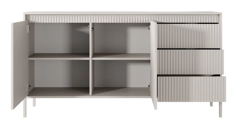 Zweiturige Kommode Falsetto mit gerillten Fronten und drei Schubladen, 154 cm, beige