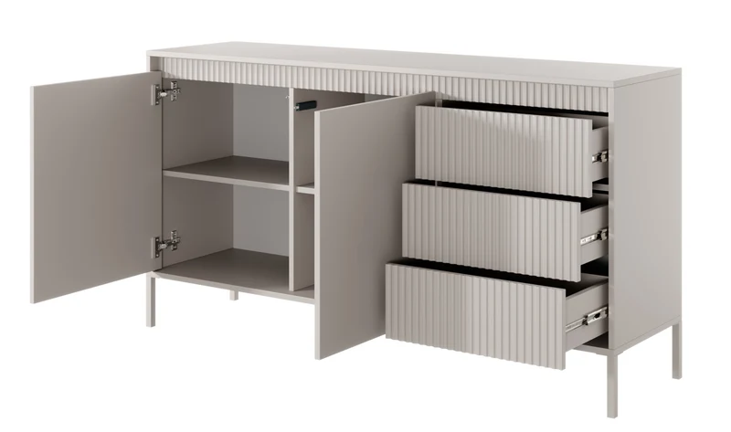 Zweiturige Kommode Falsetto mit gerillten Fronten und drei Schubladen, 154 cm, beige