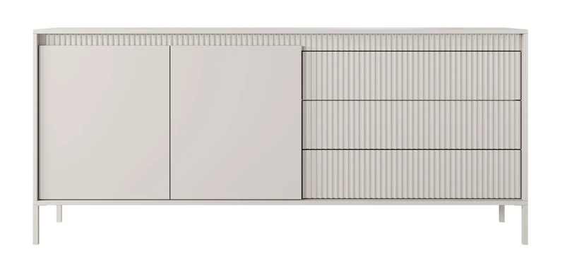 Zweiturige Kommode Falsetto mit gerillten Fronten und drei Schubladen, 187 cm, beige