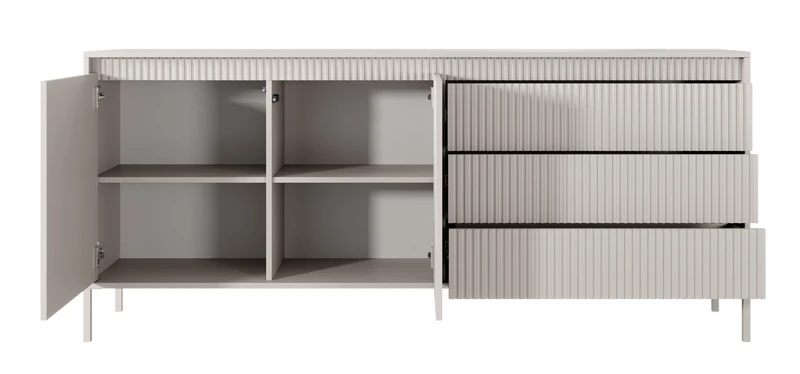 Zweiturige Kommode Falsetto mit gerillten Fronten und drei Schubladen, 187 cm, beige