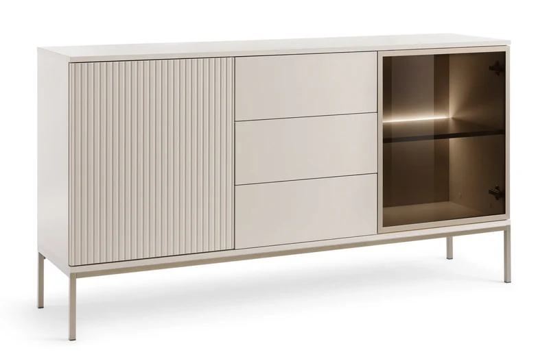 Kommode Tosena mit zwei Türen, Schubladen und LED-Beleuchtung, 154 cm, Kaschmir