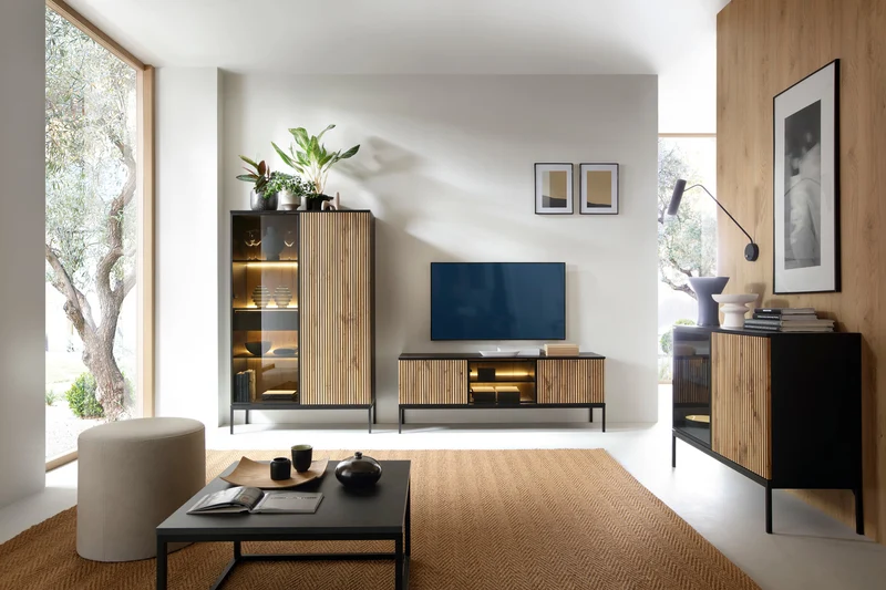 Tosena TV-Schrank mit drei Türen und LED-Beleuchtung, 154 cm, Schwarz/Wotan-Eiche