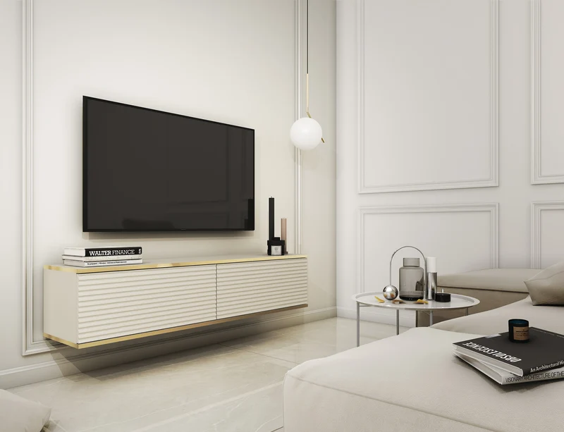 TV-Schrank Mucalma 135 cm beige mit goldenen Lamellen-Akzenten