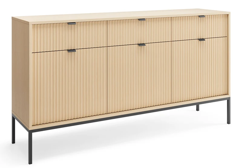 Drehtür-Kommode Vellore mit drei Schubladen und geriffelter Front, 154 cm, Eiche Vicenza auf schwarzen Beinen