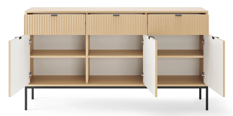 Drehtür-Kommode Vellore mit drei Schubladen und geriffelter Front, 154 cm, Eiche Vicenza auf schwarzen Beinen