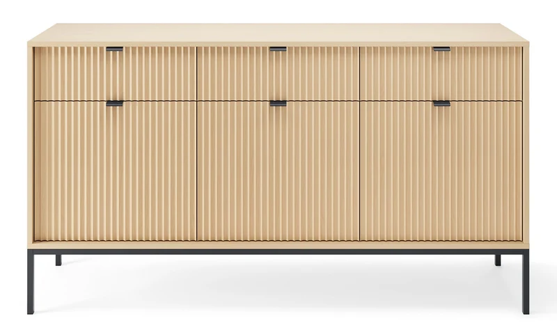 Drehtür-Kommode Vellore mit drei Schubladen und geriffelter Front, 154 cm, Eiche Vicenza auf schwarzen Beinen