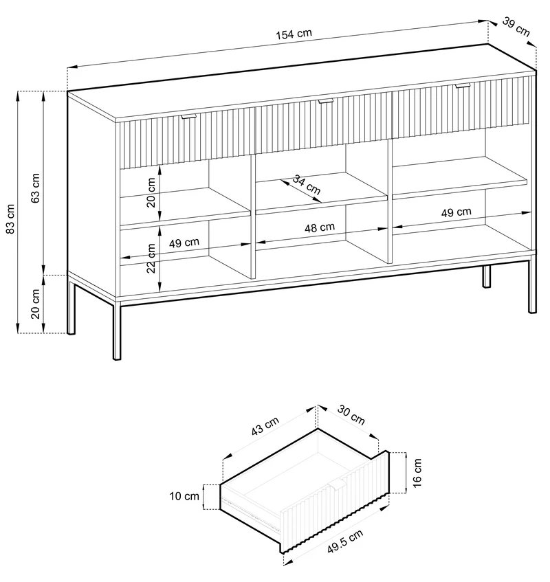 Drehtür-Kommode Vellore mit drei Schubladen und geriffelter Front, 154 cm, Eiche Vicenza auf schwarzen Beinen